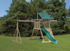Backyard Playground Set of Wood and Green Slide