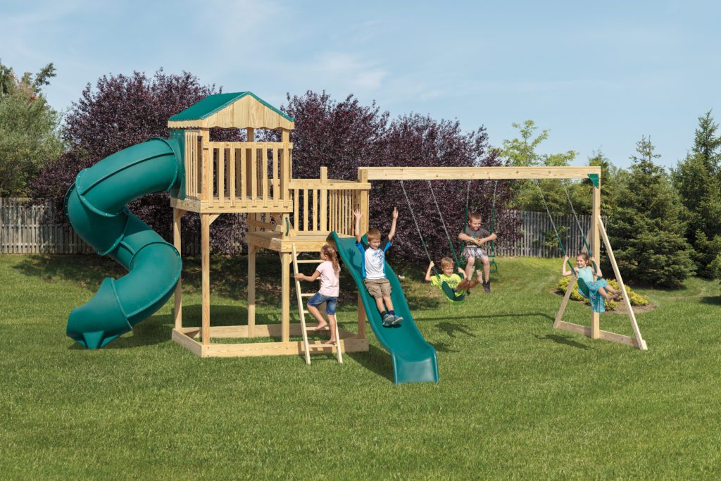 Backyard Playground Set of Wood and Blue Green Spiral Tunnel and Straight Slide