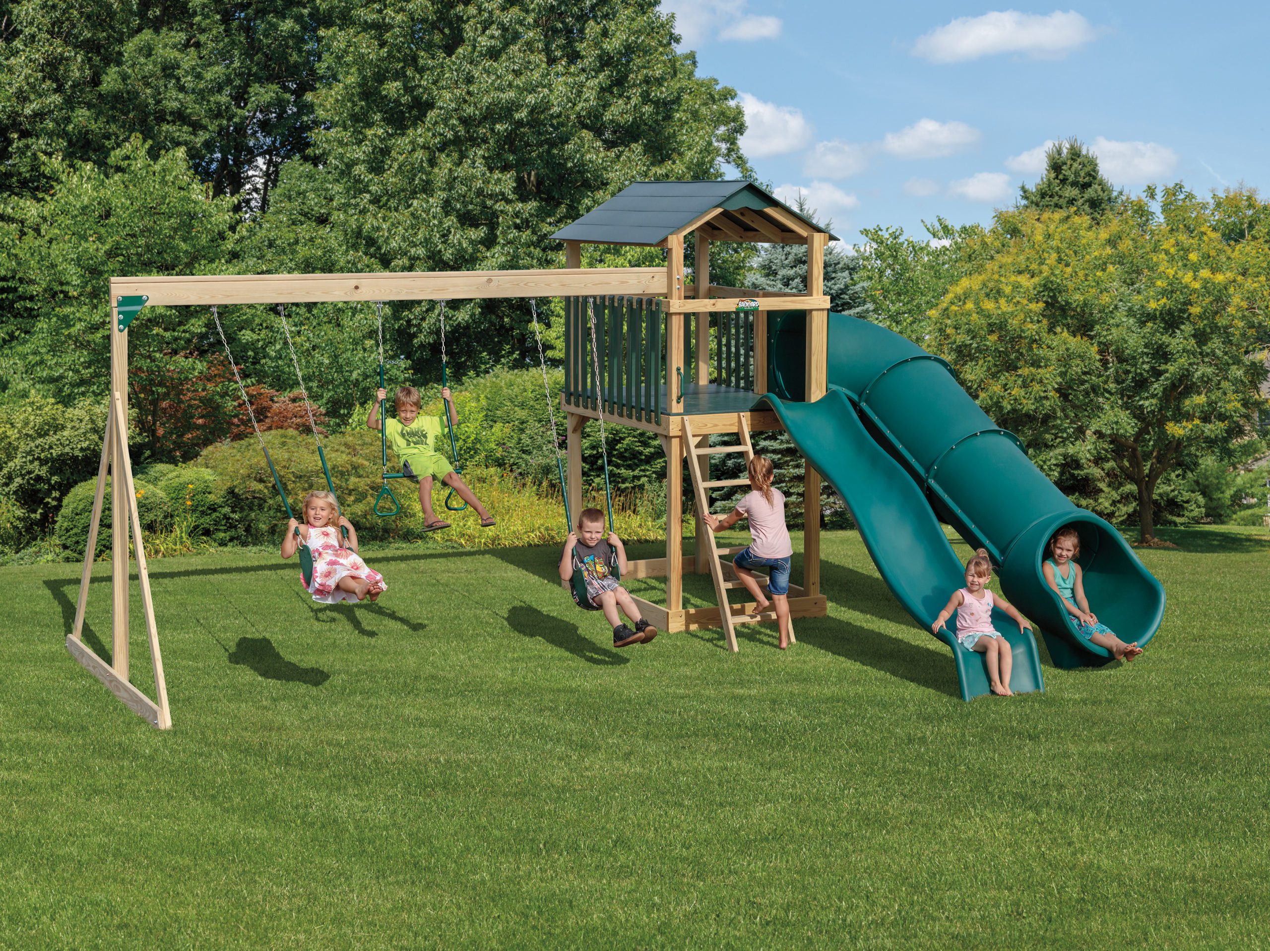 Backyard Playground Set of Swing and Tunnel Slide with roof